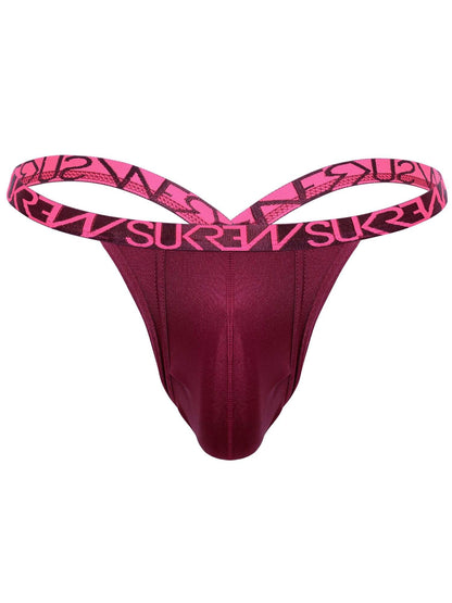 A men's jockstrap in deep burgundy with a skinny, elastic waistband in hot pink featuring the brand name printed repeatedly in black.