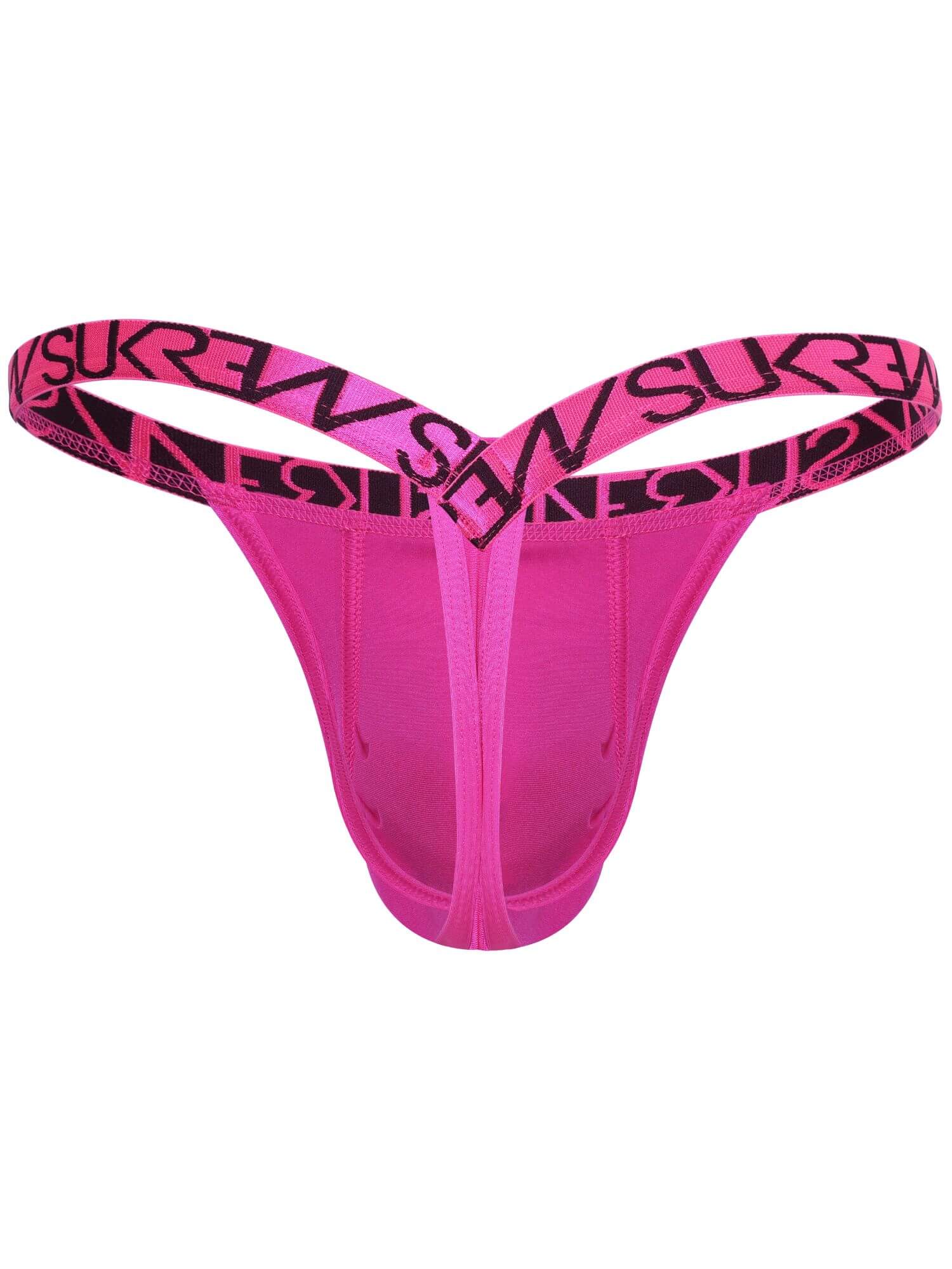 Bright pink thong underwear with a wide elastic waistband featuring a black and pink logo pattern, shown against a plain white background.