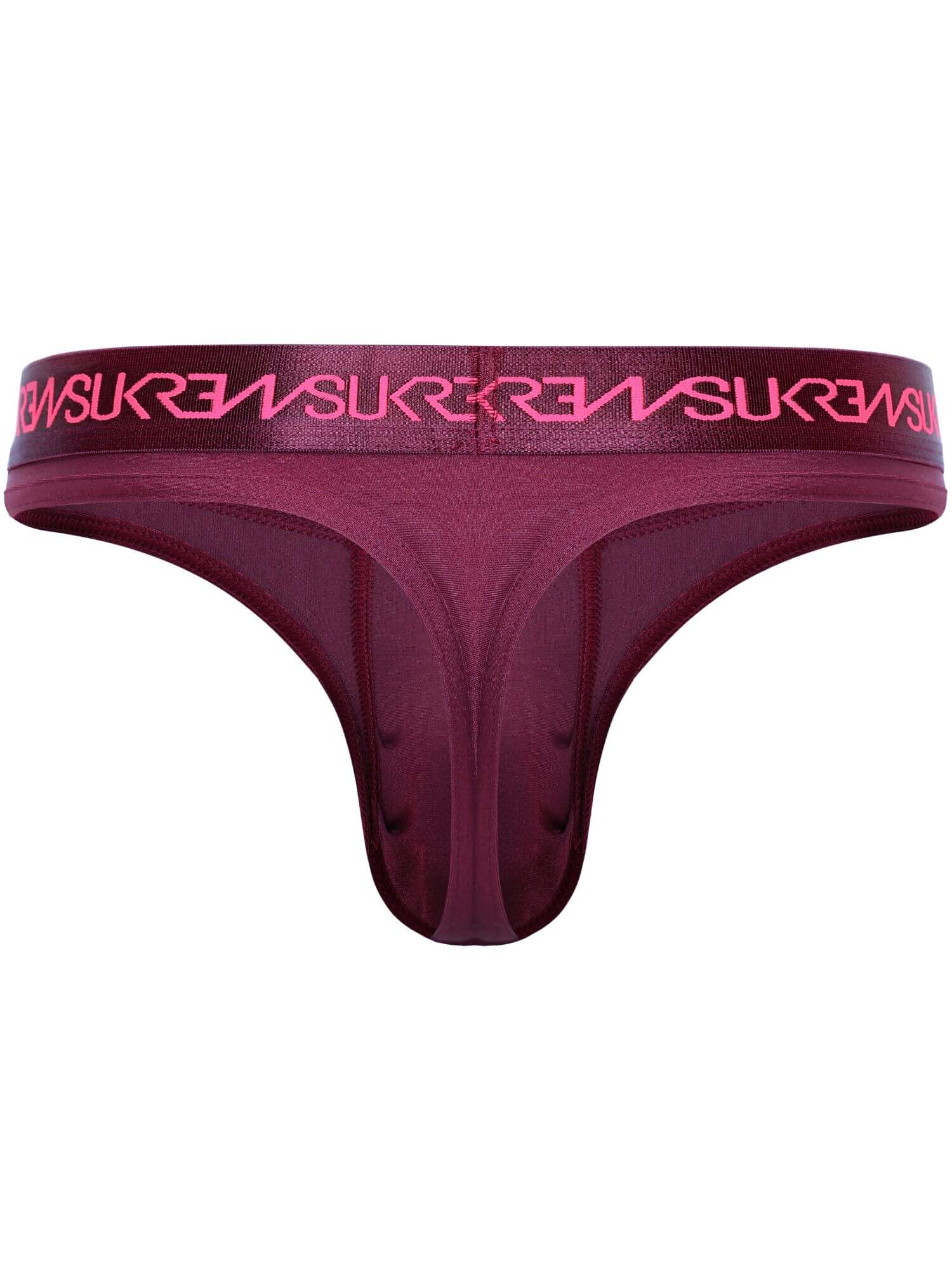 A men's thong in a deep plum purple color, featuring a wide elastic waistband with the brand name printed repeatedly in bright pink.