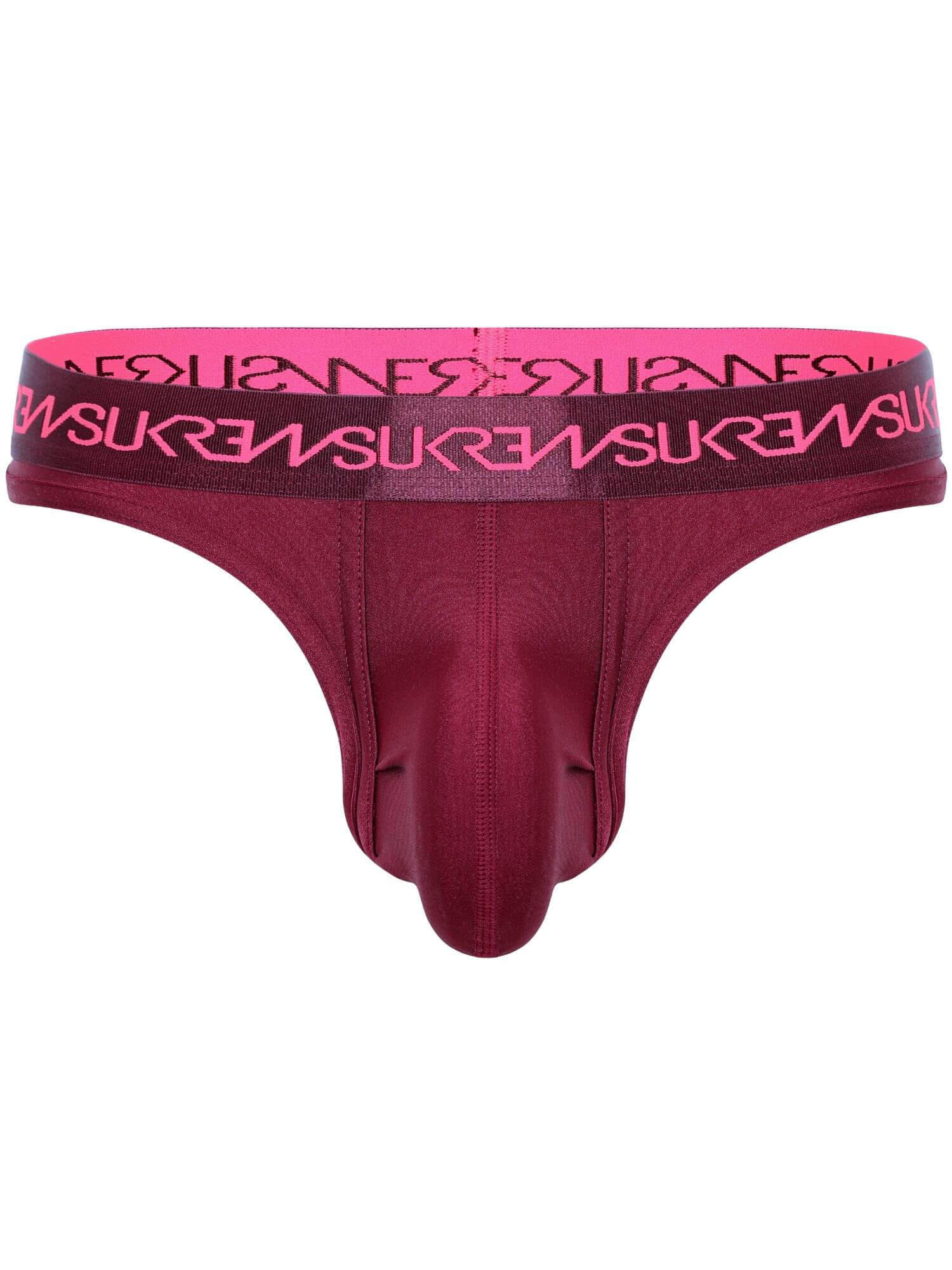 A men's thong in deep burgundy with a bright pink elastic waistband featuring the brand name 'SUKREW' repeated in black.