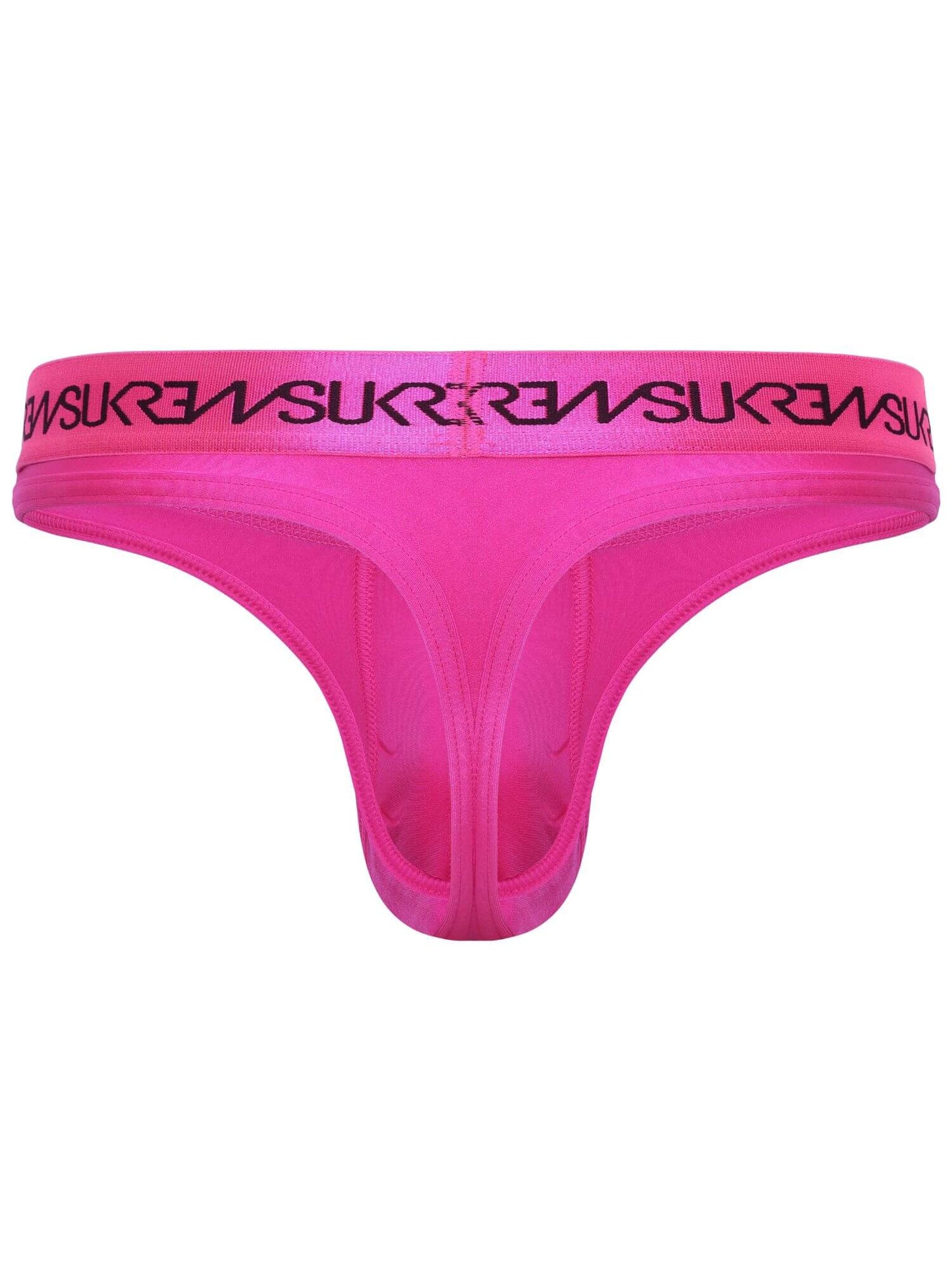 Bright pink thong underwear with a black brand logo patterned along the elastic waistband, shown against a plain white background.