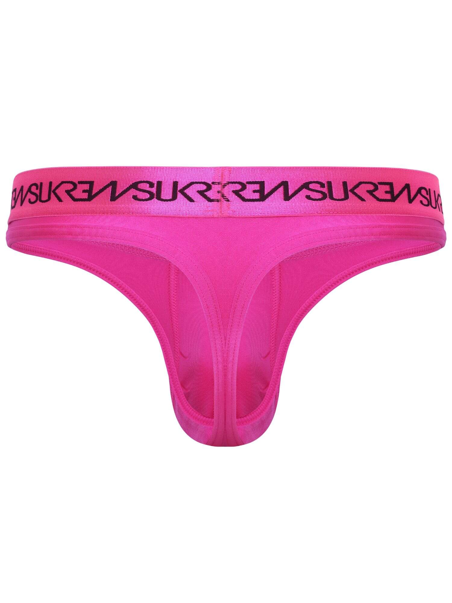 Bright pink thong underwear with a black brand logo patterned along the elastic waistband, shown against a plain white background.