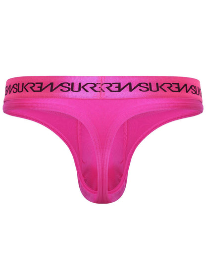 Bright pink thong underwear with a black brand logo patterned along the elastic waistband, shown against a plain white background.