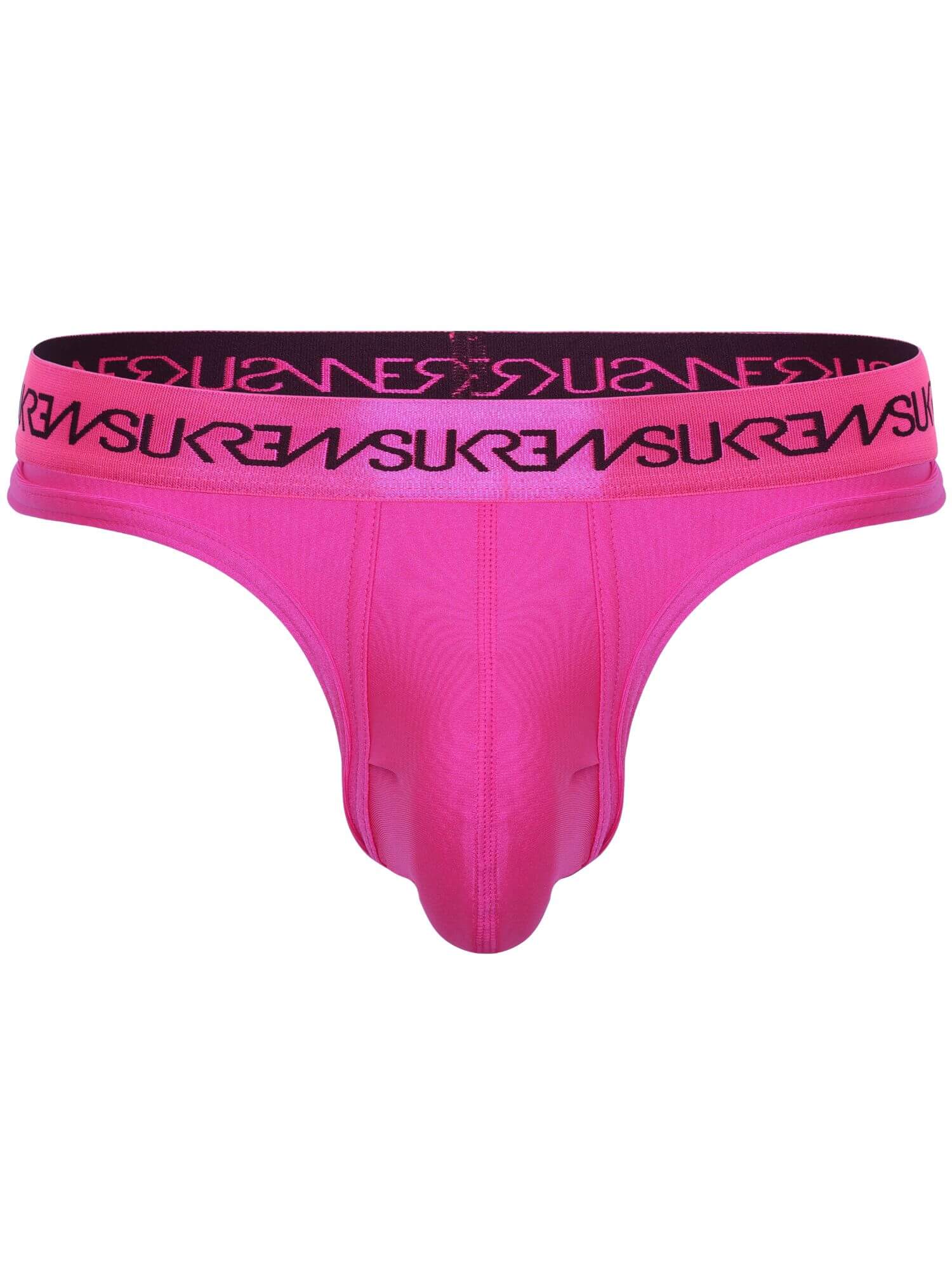 Bright pink men's jockstrap thong underwear with a black waistband featuring a repeating pink SUKREW logo