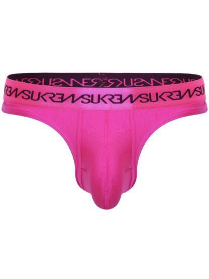 Bright pink men's jockstrap thong underwear with a black waistband featuring a repeating pink SUKREW logo