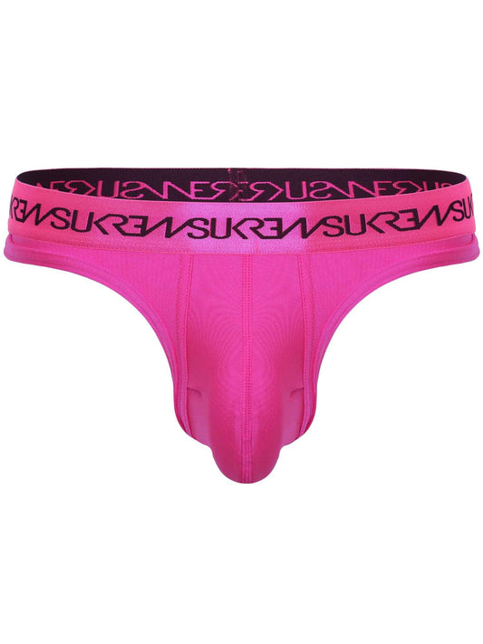 Bright pink men's jockstrap thong underwear with a black waistband featuring a repeating pink SUKREW logo