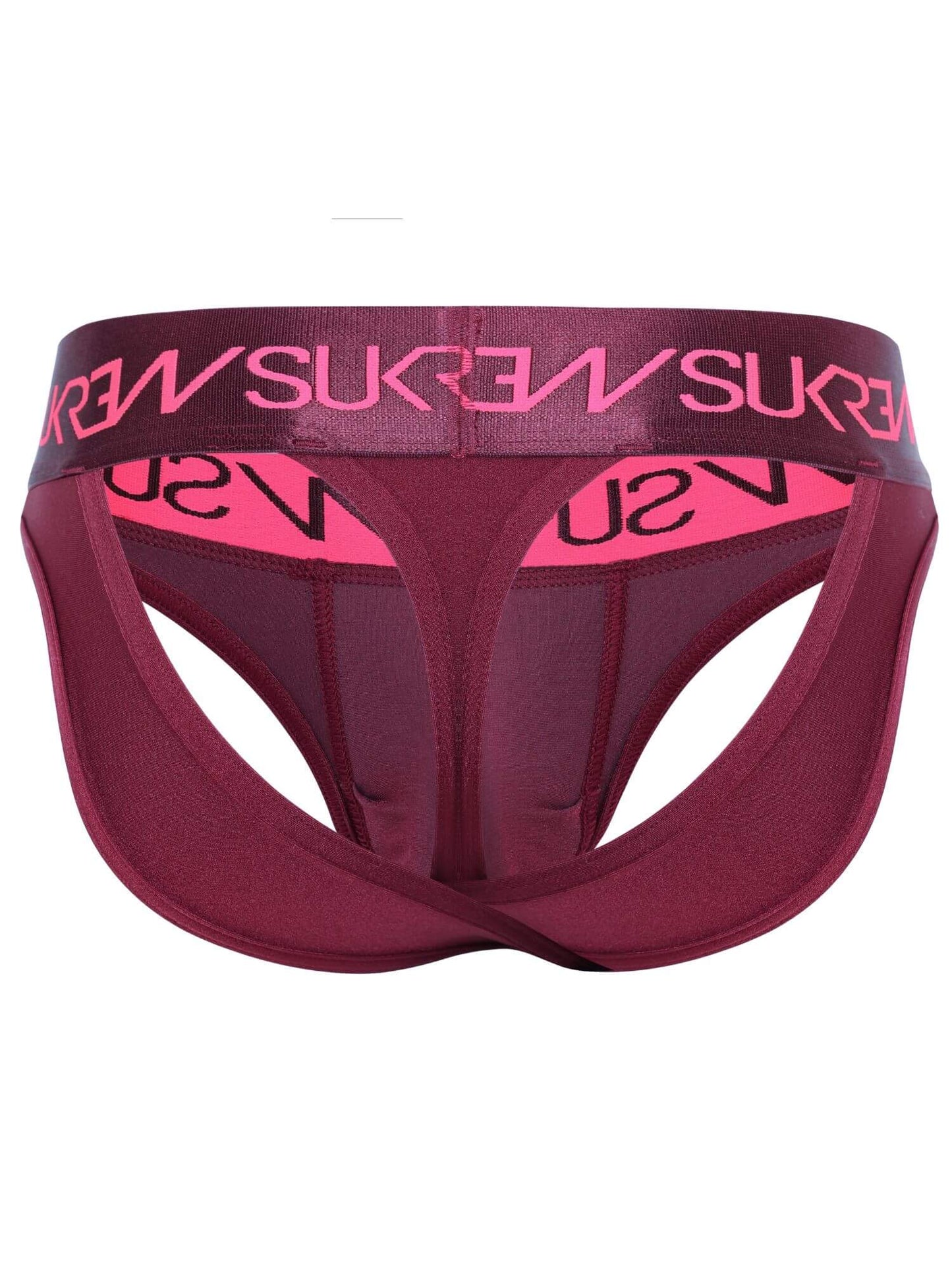 A pair of women's jockstrap briefs in a deep burgundy color, featuring a wide elastic waistband with the brand name 'SUKREW' printed in pink, and a matching pink inner lining.