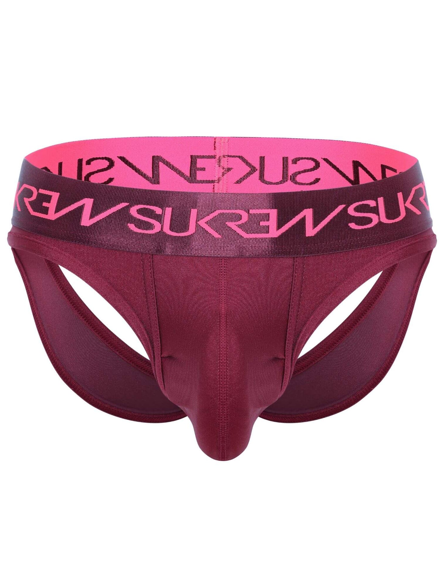 A men's jockstrap in a deep burgundy color, featuring a wide waistband with a bright pink inner lining and pink brand lettering that reads 'SUKREW' in reverse. The brand name 'SUKREW' is also printed in black on the outer waistband.