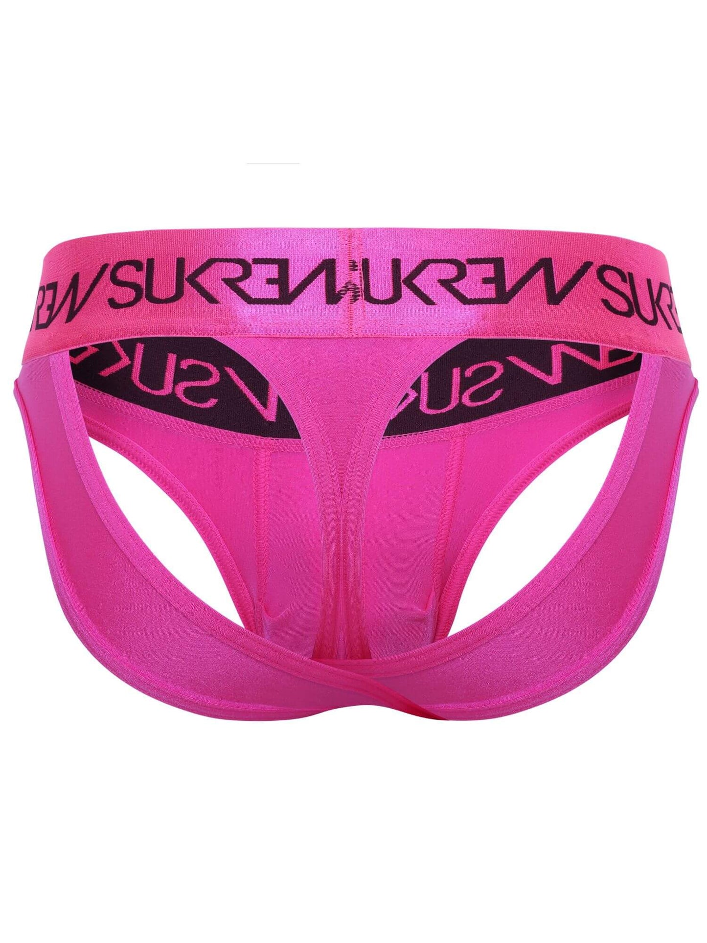 Bright pink jockstrap underwear with a wide elastic waistband featuring the brand name 'SUKREW' printed in black, and matching black logo details on the front panels.