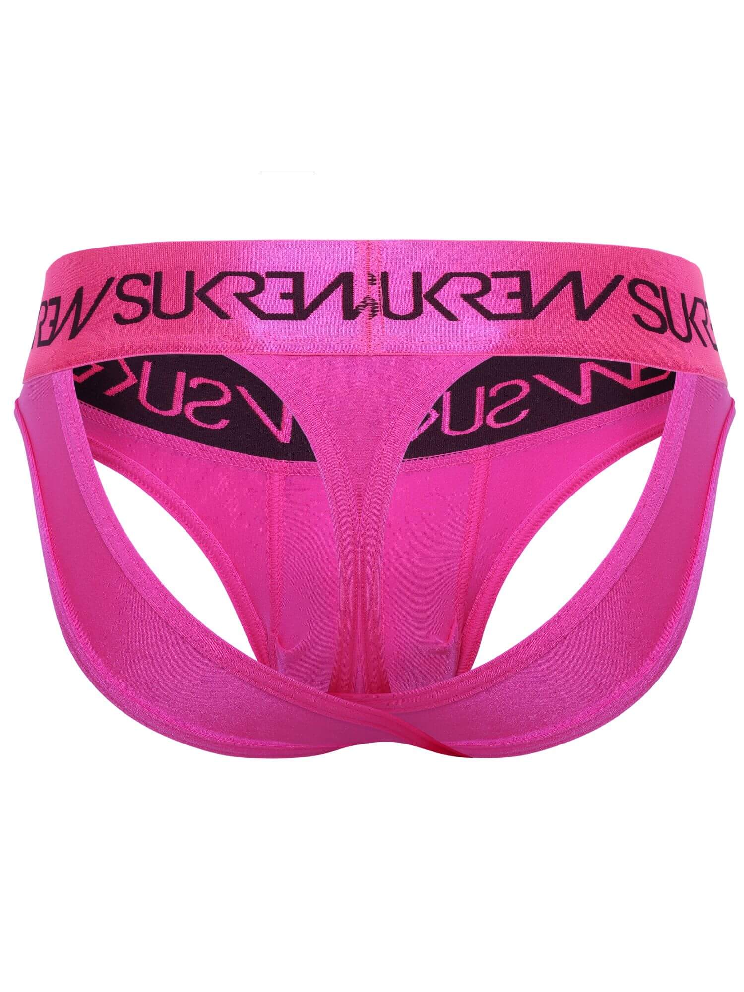Bright pink jockstrap underwear with a wide elastic waistband featuring the brand name 'SUKREW' printed in black, and matching black logo details on the front panels.