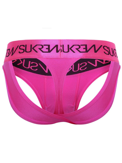 Bright pink jockstrap underwear with a wide elastic waistband featuring the brand name 'SUKREW' printed in black, and matching black logo details on the front panels.