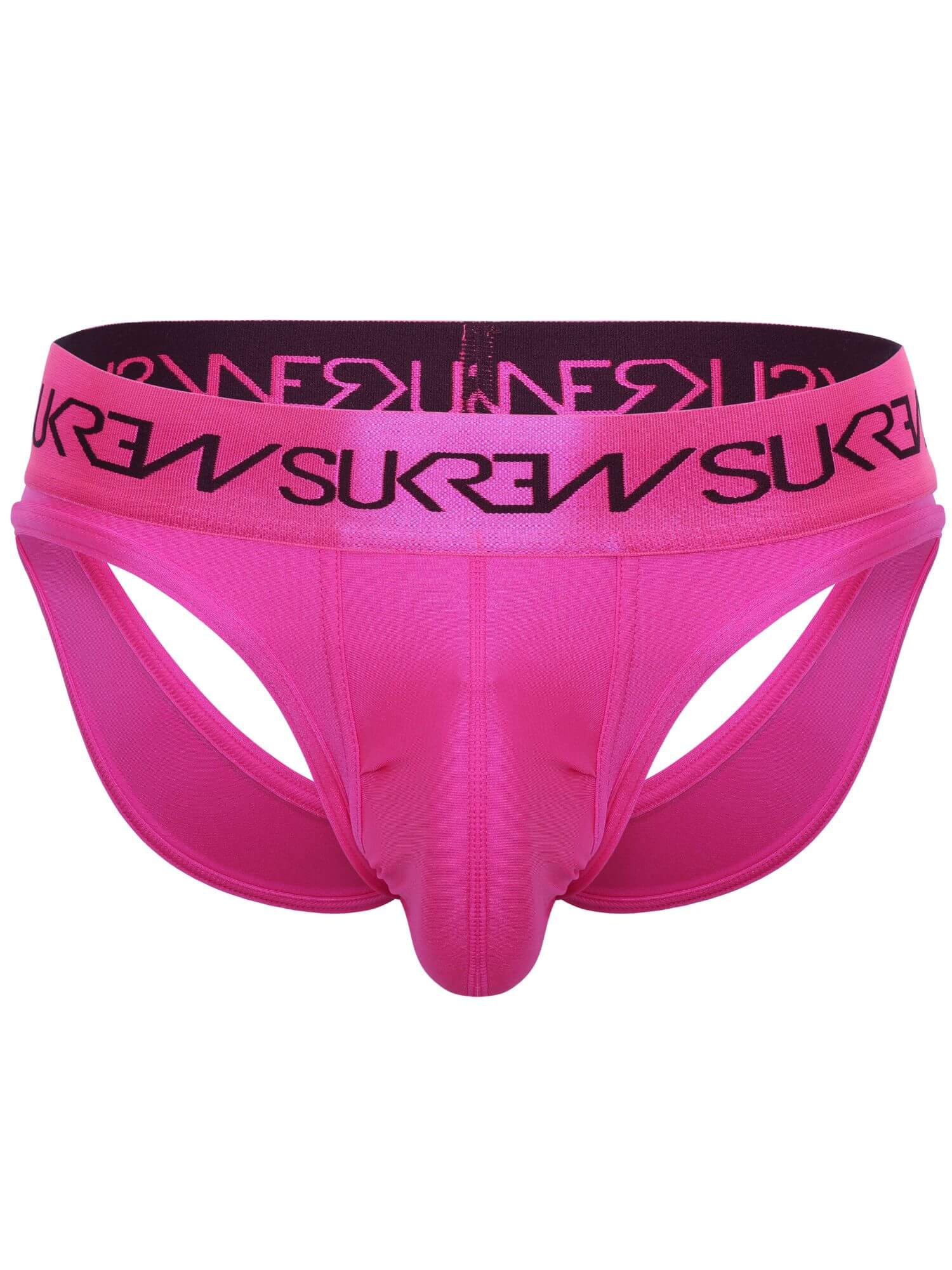 Bright pink men's jockstrap underwear with a wide black elastic waistband featuring the brand name 'SUKREW' printed repeatedly in black.