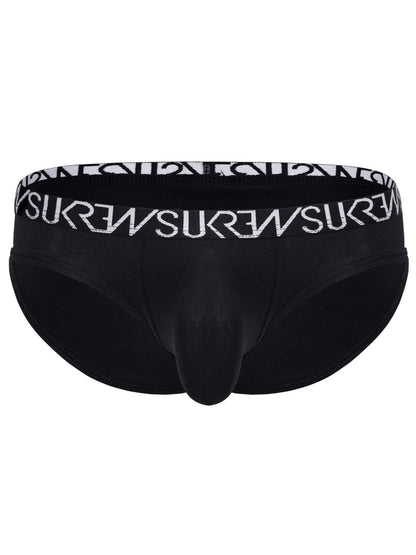 Black men's briefs with a wide elastic waistband featuring a repeating white 'SUKREW' logo pattern, shown against a plain white background.
