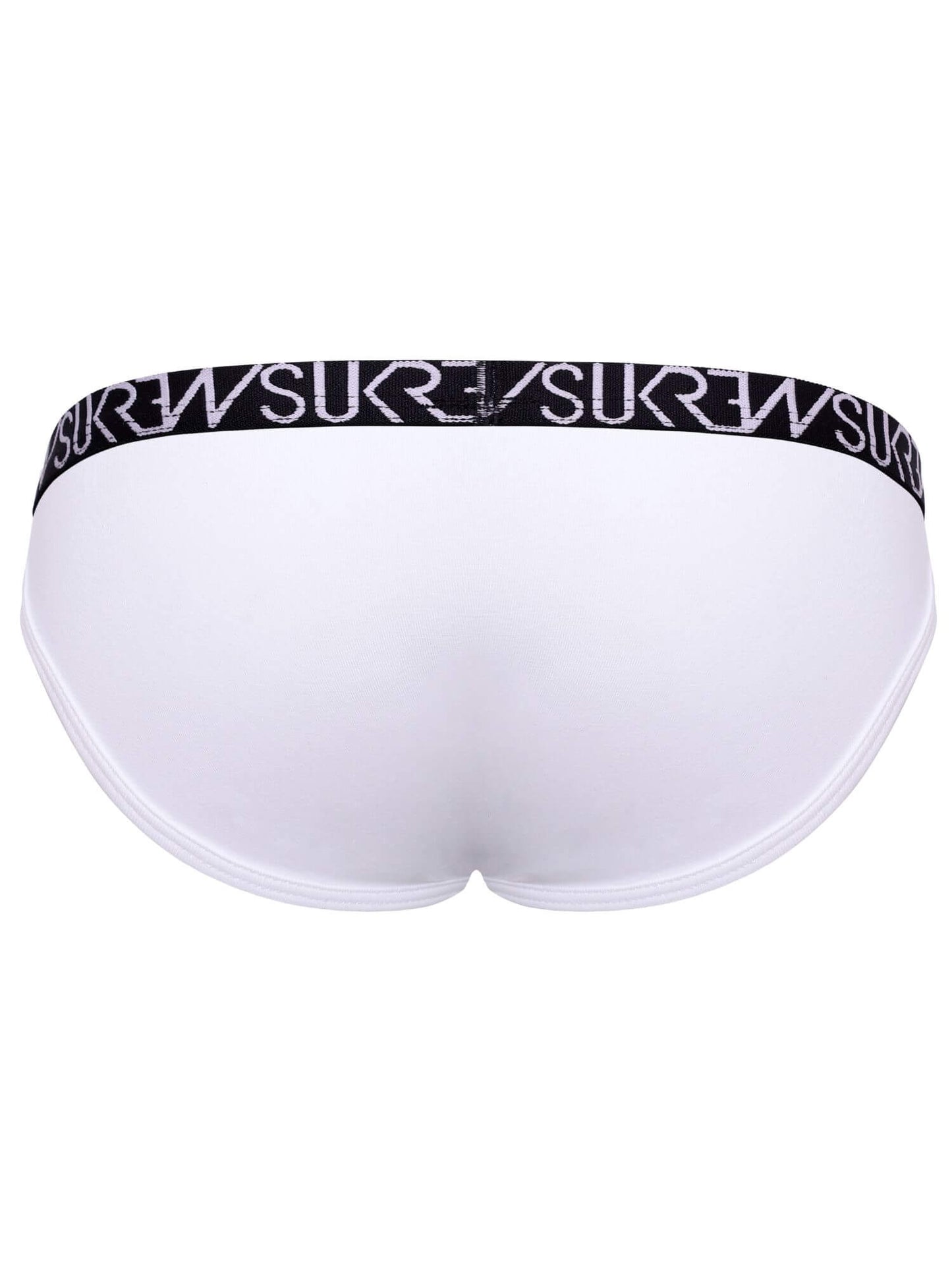 White low-rise briefs with a black elastic waistband featuring the brand name 'SUKREW' printed in white.