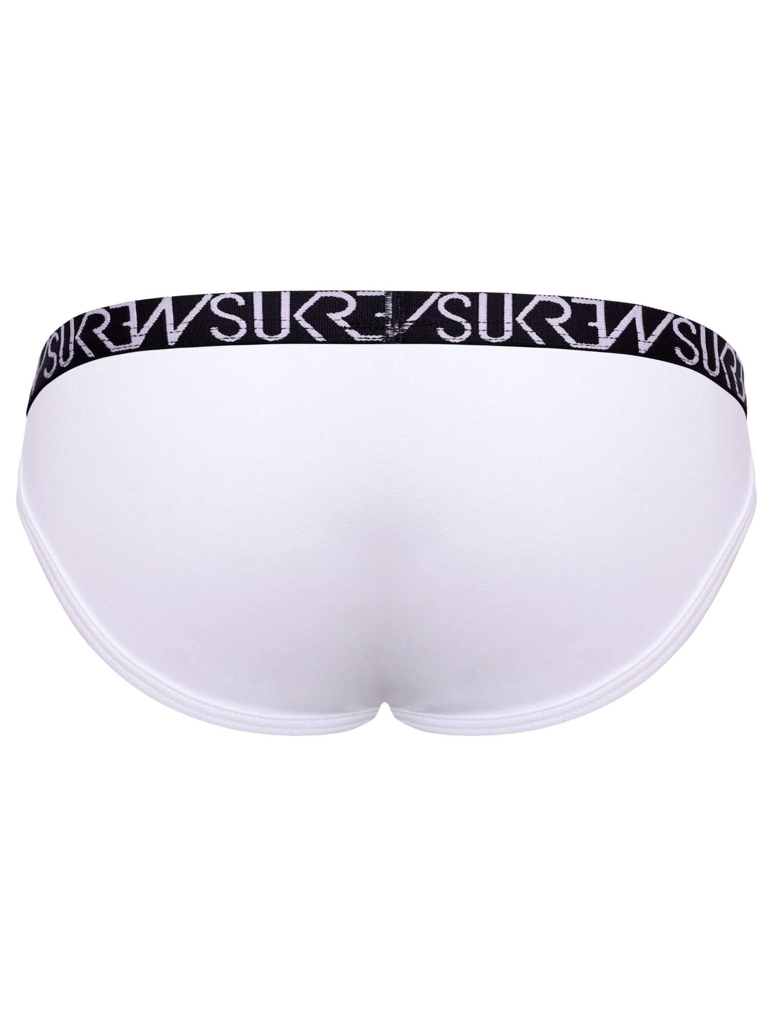 White low-rise briefs with a black elastic waistband featuring the brand name 'SUKREW' printed in white.