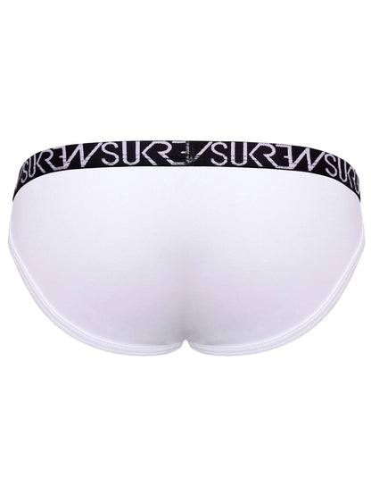 White low-rise briefs with a black elastic waistband featuring the brand name 'SUKREW' printed in white.
