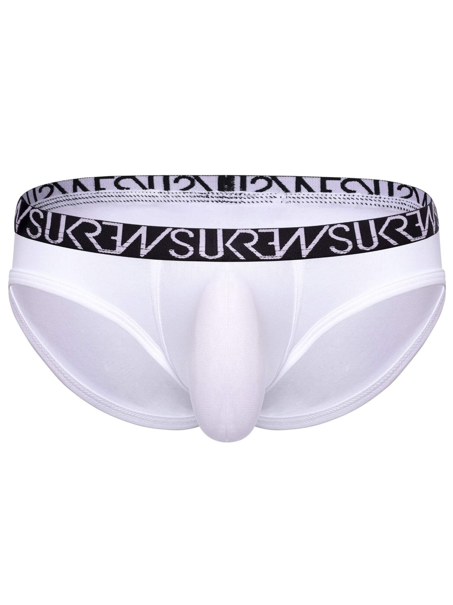 White men's briefs with a black elastic waistband featuring the brand name 'SUKREW' repeated in white text.