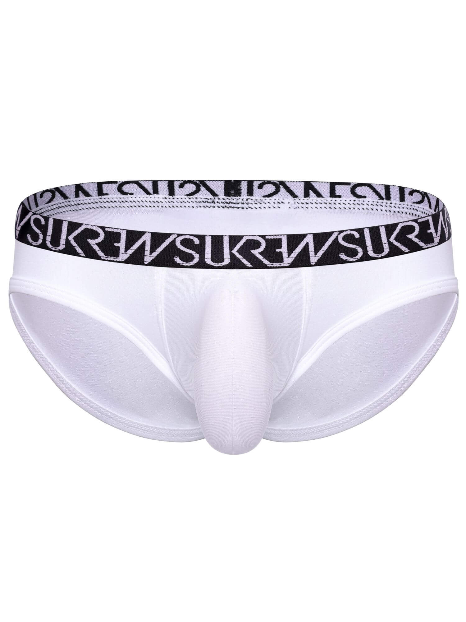 White men's briefs with a black elastic waistband featuring the brand name 'SUKREW' repeated in white text.