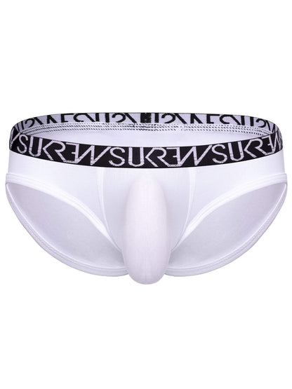 White men's briefs with a black elastic waistband featuring the brand name 'SUKREW' repeated in white text.
