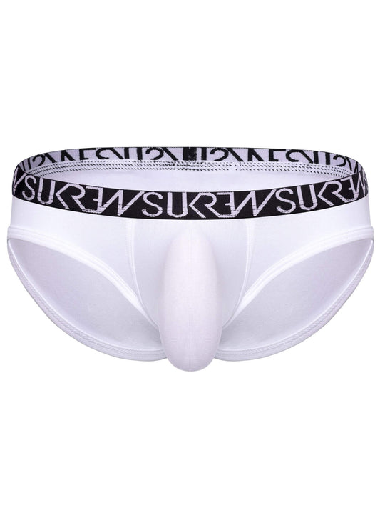White men's briefs with a black elastic waistband featuring the brand name 'SUKREW' repeated in white text.