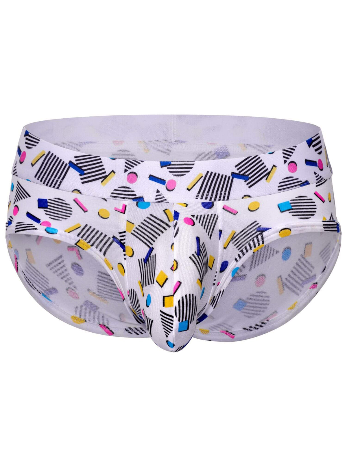 White men's briefs featuring a colorful 90s-style geometric pattern with black stripes, pink, blue, yellow, and purple shapes.