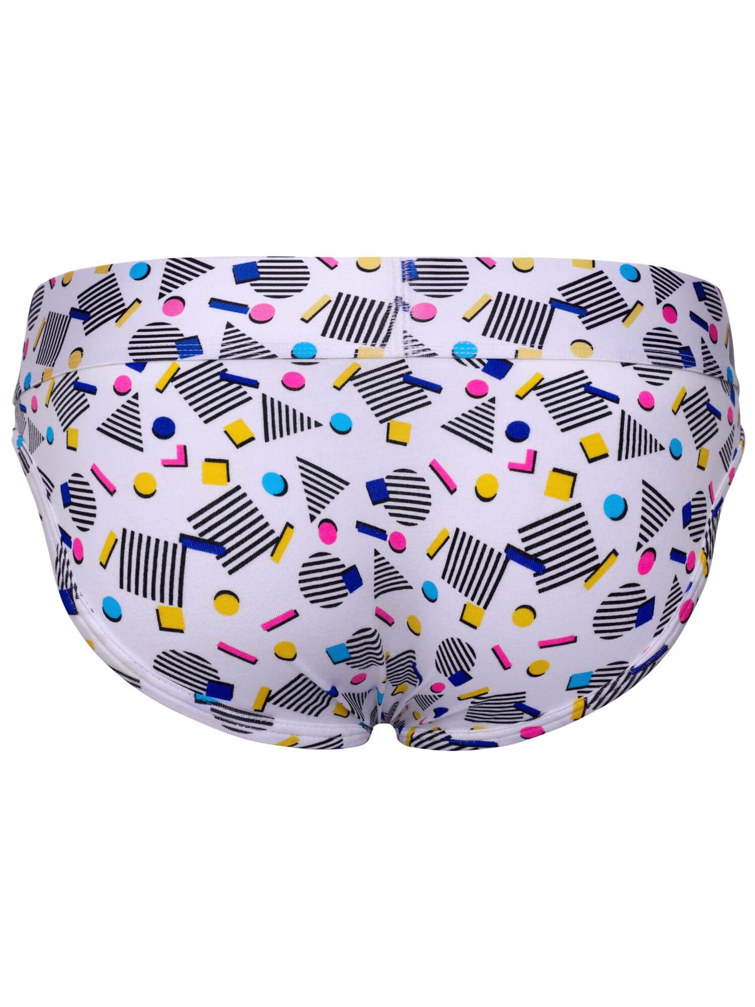 White mens briefs featuring a colorful retro 90s-style geometric print with black stripes, pink, blue, yellow, and orange shapes.