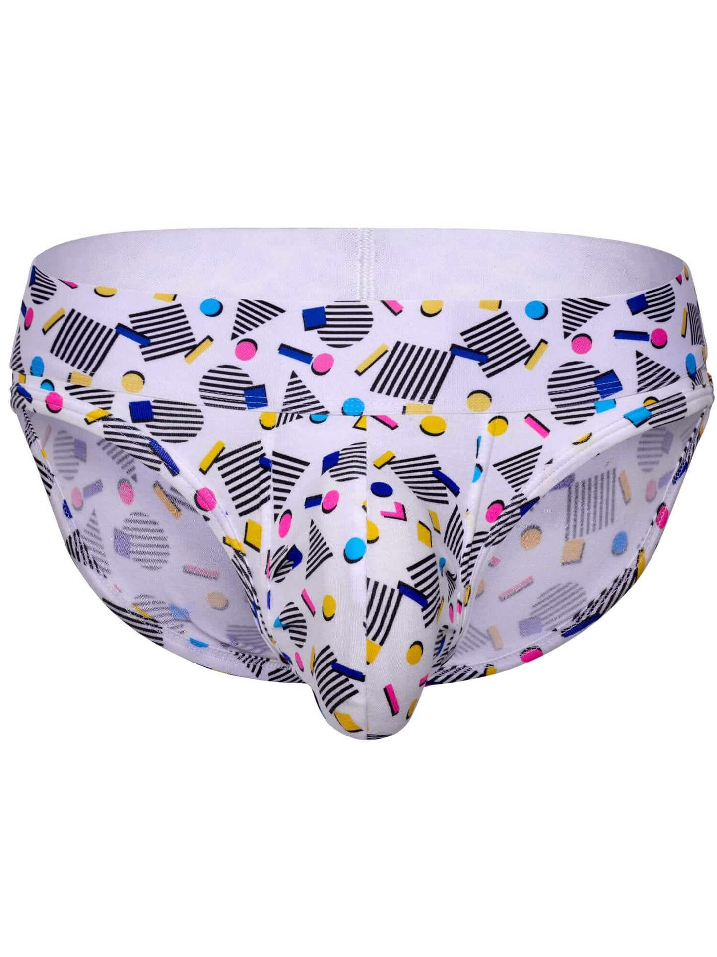 White men's briefs featuring a colorful retro pattern of black stripes, geometric shapes, and small colored dots.