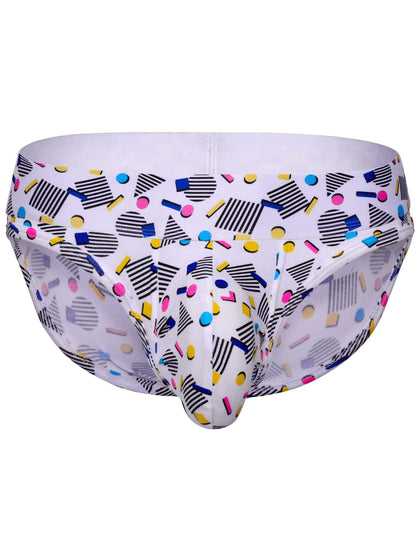 White men's briefs featuring a colorful retro pattern of black stripes, geometric shapes, and small colored dots.