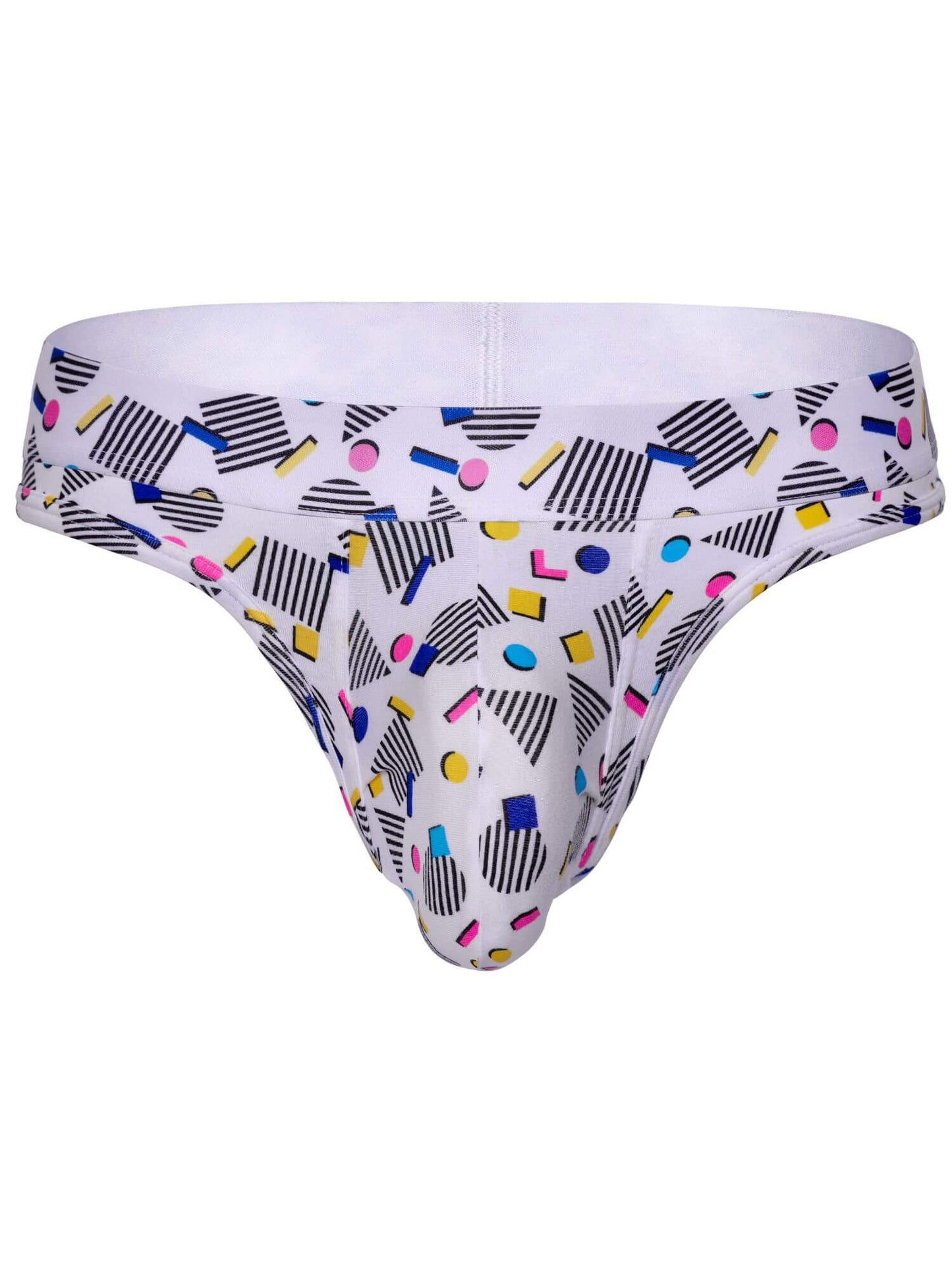 White men's thong featuring a colorful 90s-style geometric pattern with black stripes and shapes in pink, blue, yellow, and orange.
