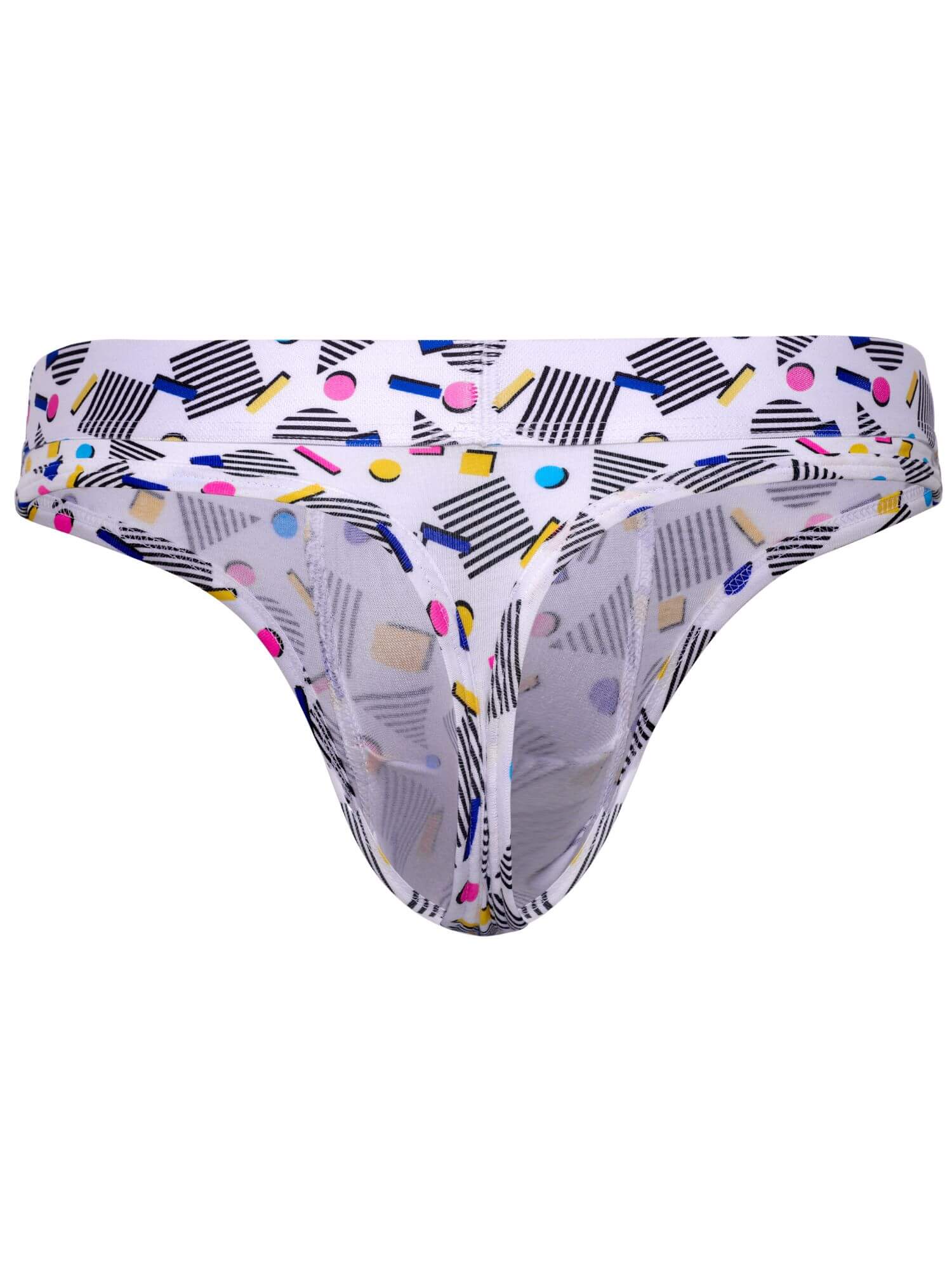 White low-rise mens thong featuring a colorful geometric print with black stripes, pink and blue dots, and yellow accents.