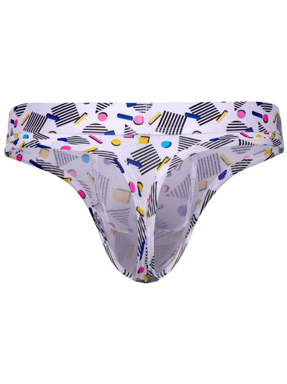 White low-rise mens thong featuring a colorful geometric print with black stripes, pink and blue dots, and yellow accents.