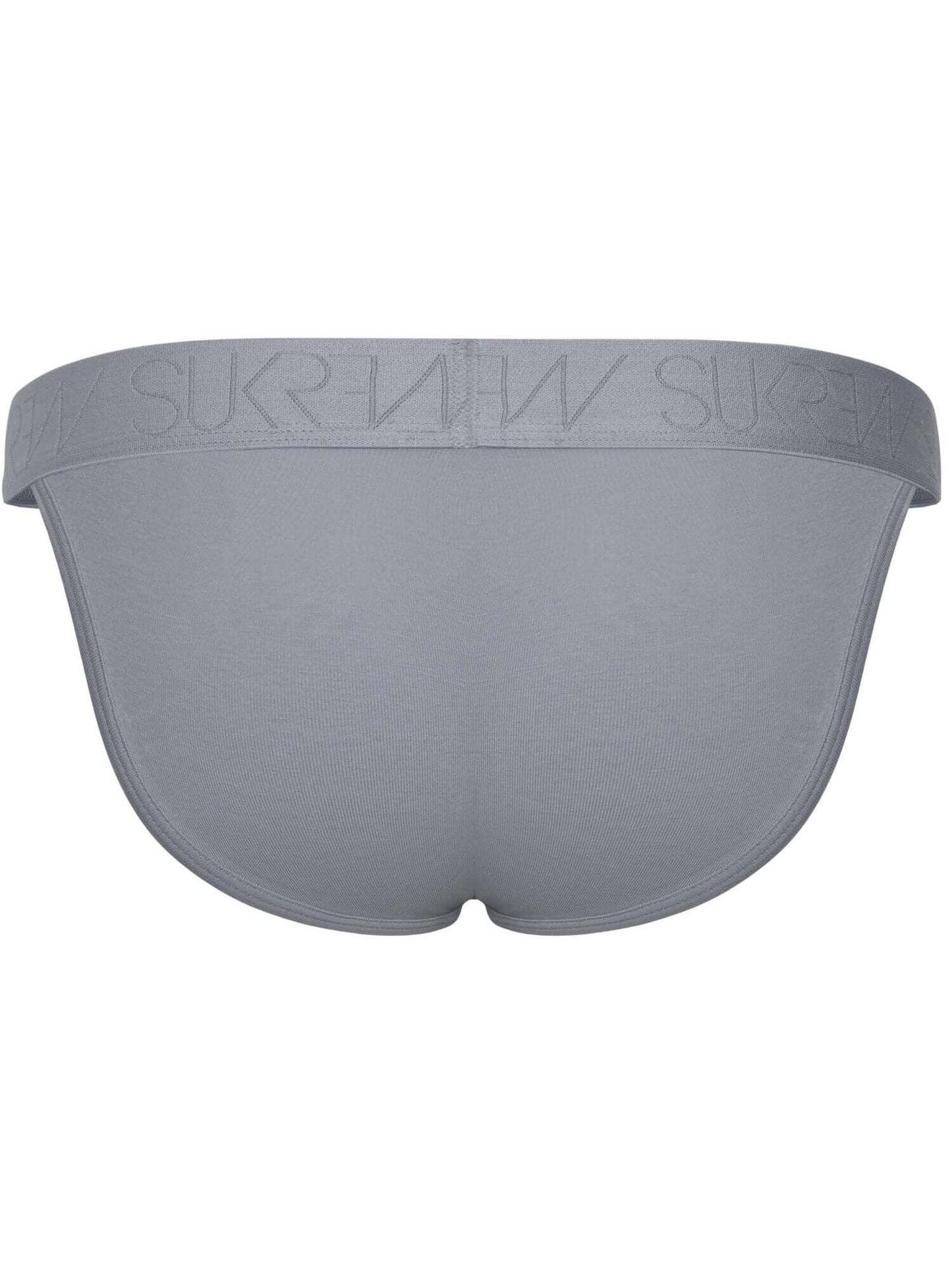A pair of light gray men's briefs shown from the back, featuring a wide elastic waistband with the brand name debossed in a matching gray tone.