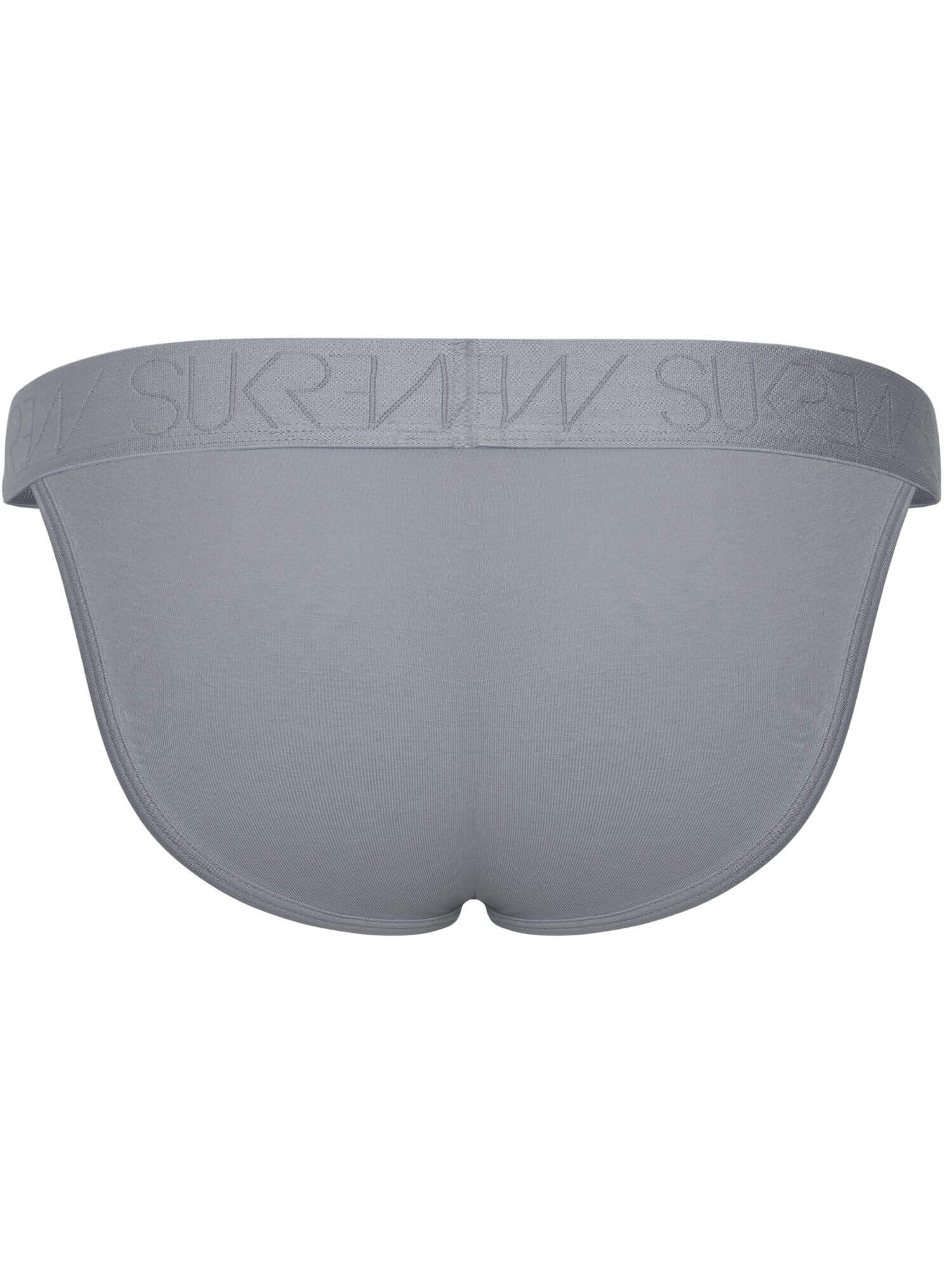 A pair of light gray men's briefs shown from the back, featuring a wide elastic waistband with the brand name debossed in a matching gray tone.