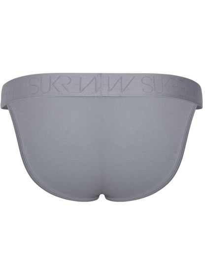 A pair of light gray men's briefs shown from the back, featuring a wide elastic waistband with the brand name debossed in a matching gray tone.