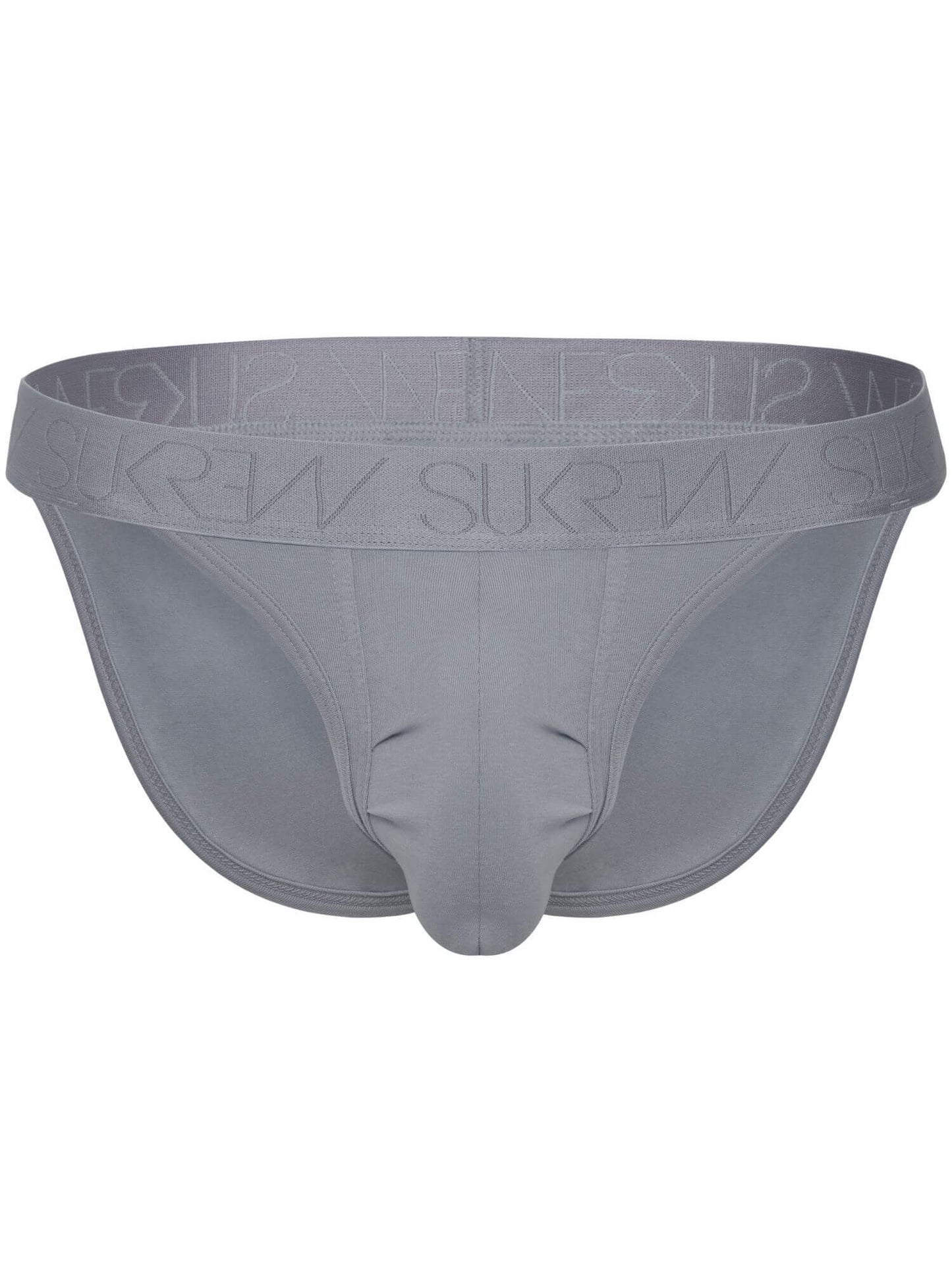 A pair of men's briefs in a solid medium gray color, featuring a wide waistband with the brand name embossed in a subtle pattern.