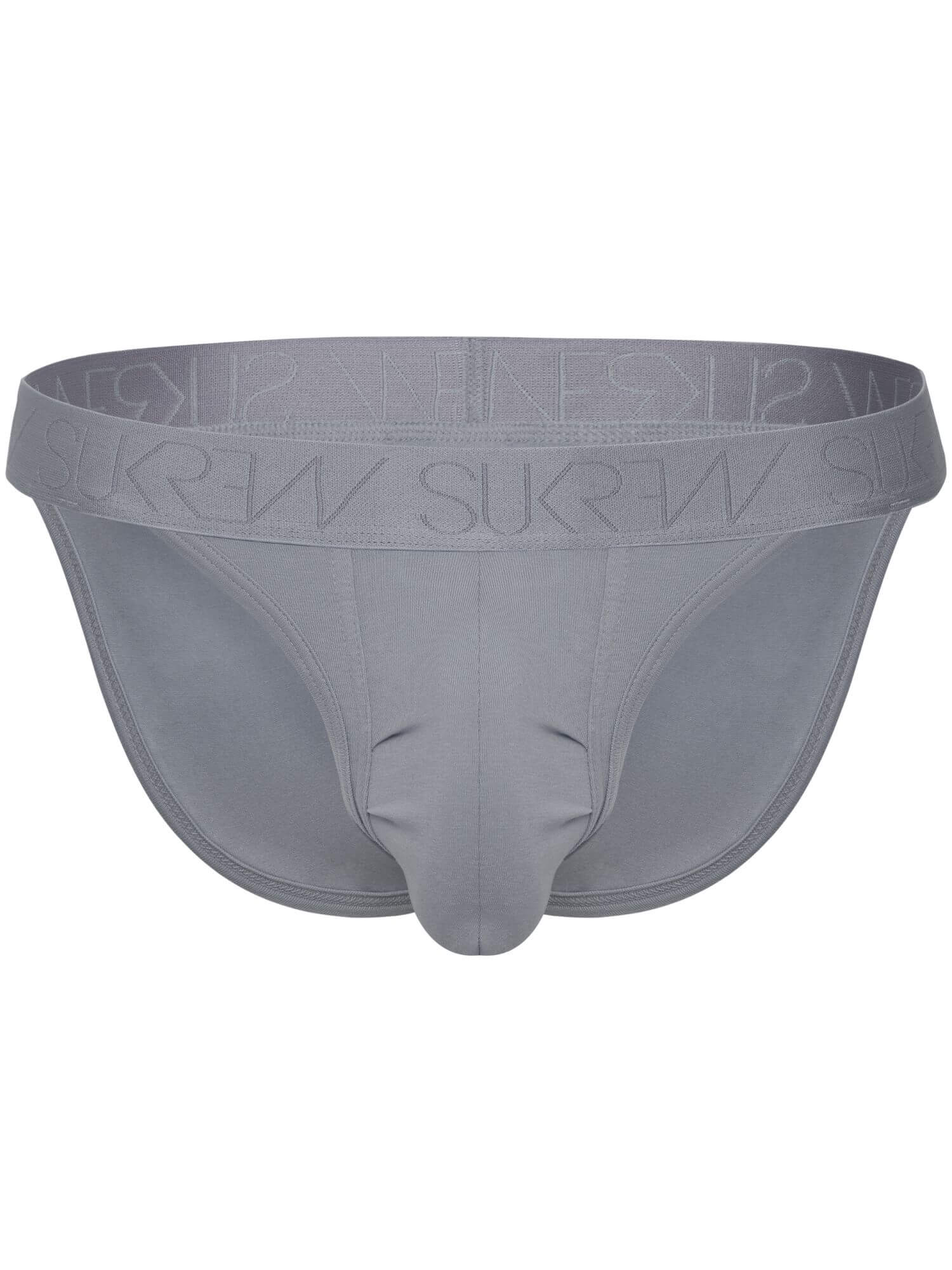 A pair of men's briefs in a solid medium gray color, featuring a wide waistband with the brand name embossed in a subtle pattern.