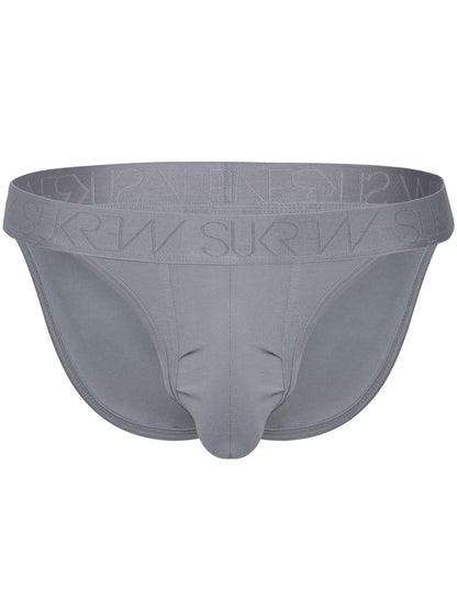 A pair of men's briefs in a solid medium gray color, featuring a wide waistband with the brand name embossed in a subtle pattern.
