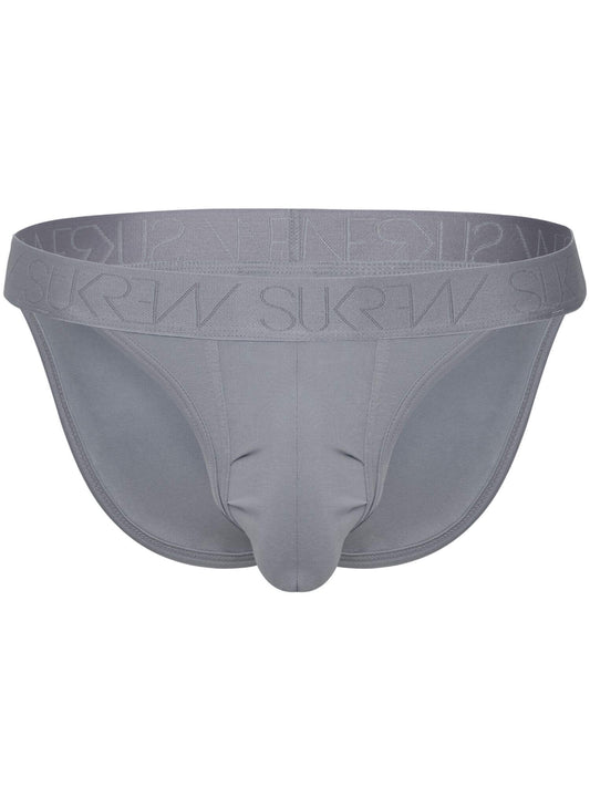 A pair of men's briefs in a solid medium gray color, featuring a wide waistband with the brand name embossed in a subtle pattern.