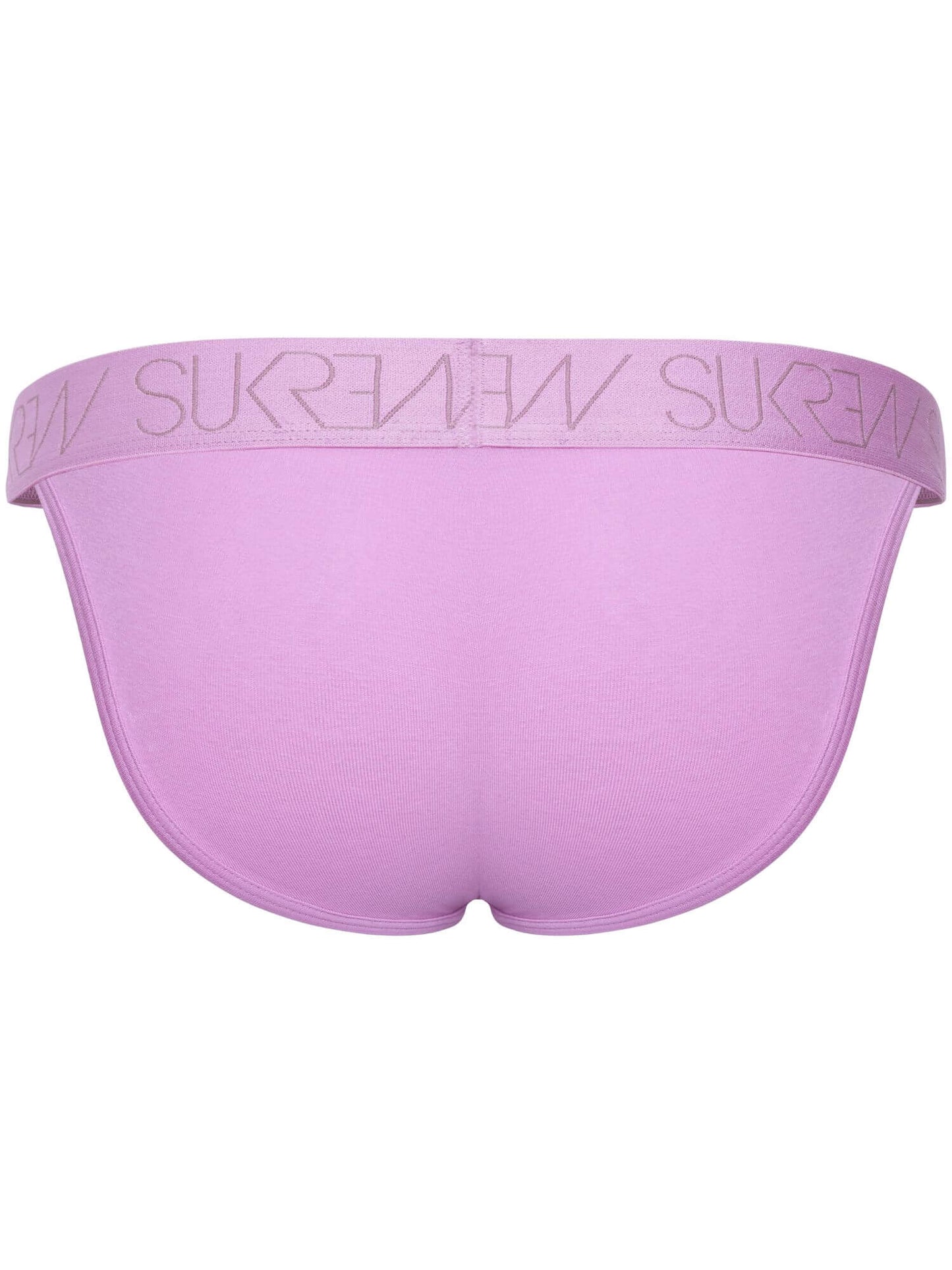 A pair of men's briefs in a solid light purple/lavender color, featuring a wide elastic waistband with the brand name 'SUKREW'' printed in a matching light purple outline.