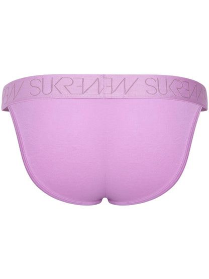 A pair of men's briefs in a solid light purple/lavender color, featuring a wide elastic waistband with the brand name 'SUKREW'' printed in a matching light purple outline.
