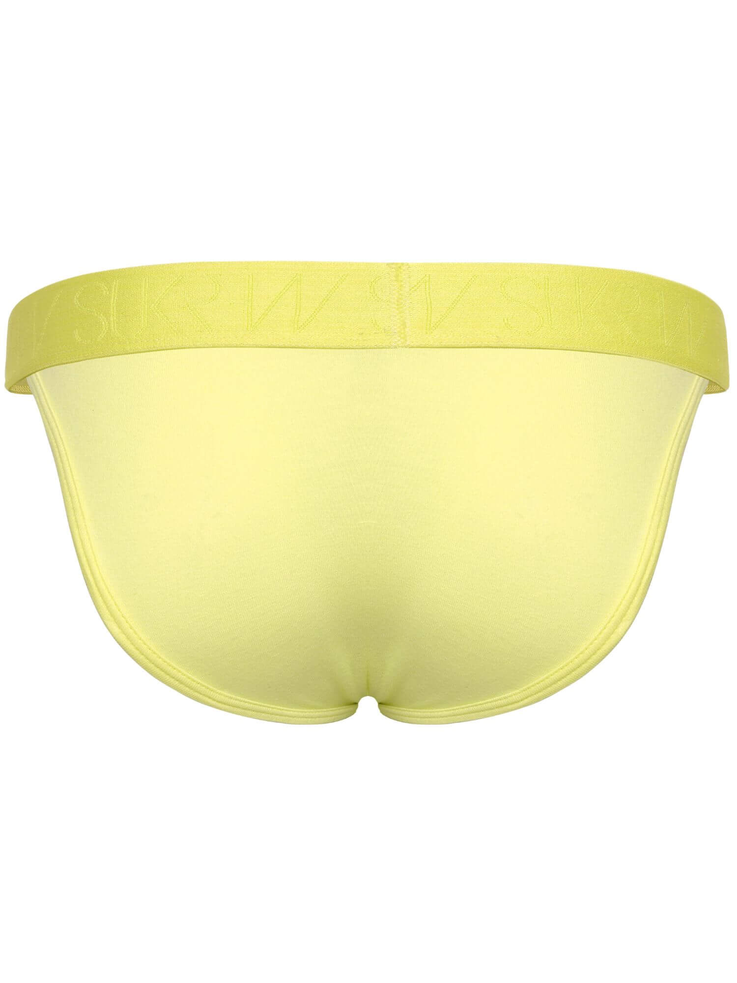 A pair of low-rise bikini-style underwear in a solid pale yellow color, shown from the back against a plain white background.