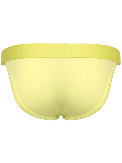 A pair of low-rise bikini-style underwear in a solid pale yellow color, shown from the back against a plain white background.