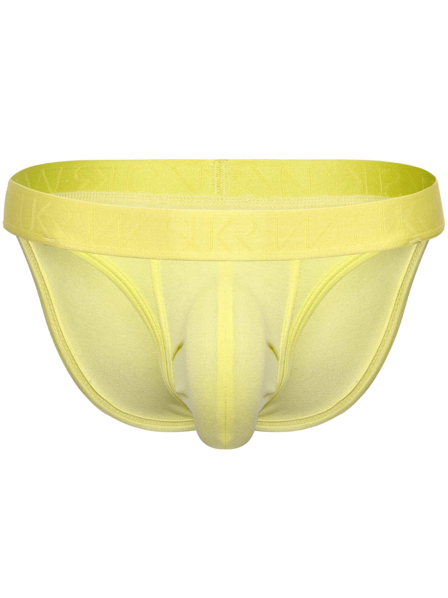 A single pair of men's briefs in a pale yellow color, shown against a plain white background.