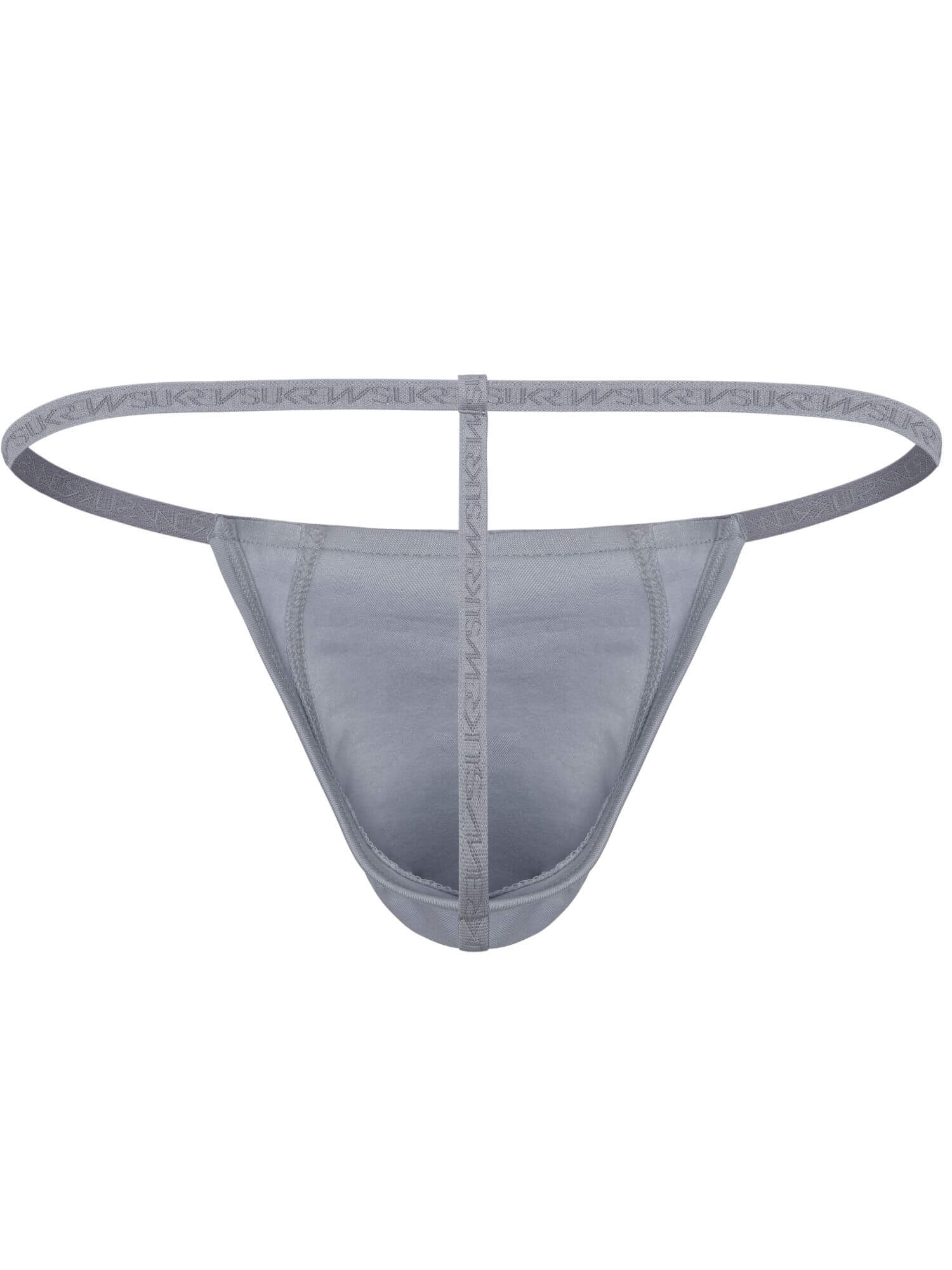 A light gray thong with a matching elastic waistband and center strap, shown against a plain white background.
