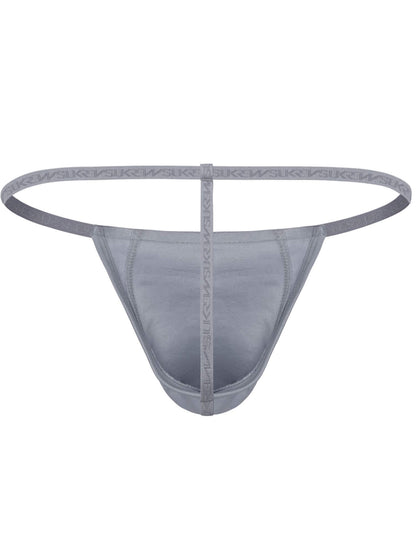 A light gray thong with a matching elastic waistband and center strap, shown against a plain white background.