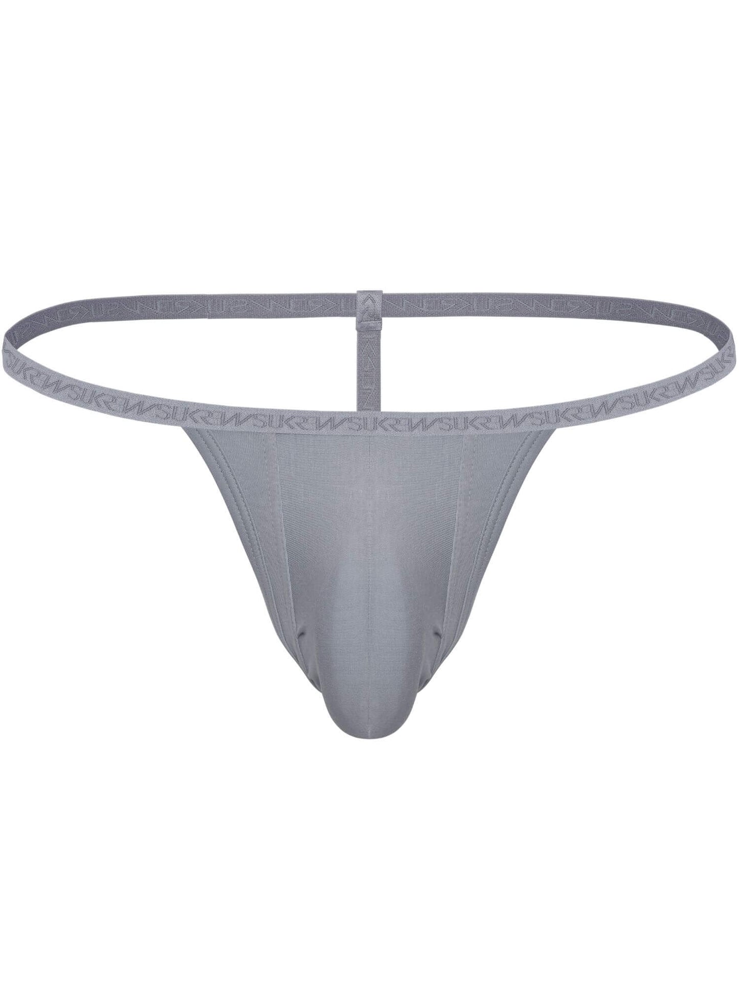 A light gray men's thong-style underwear with a wide elastic waistband and a tapered front pouch, shown against a plain white background.