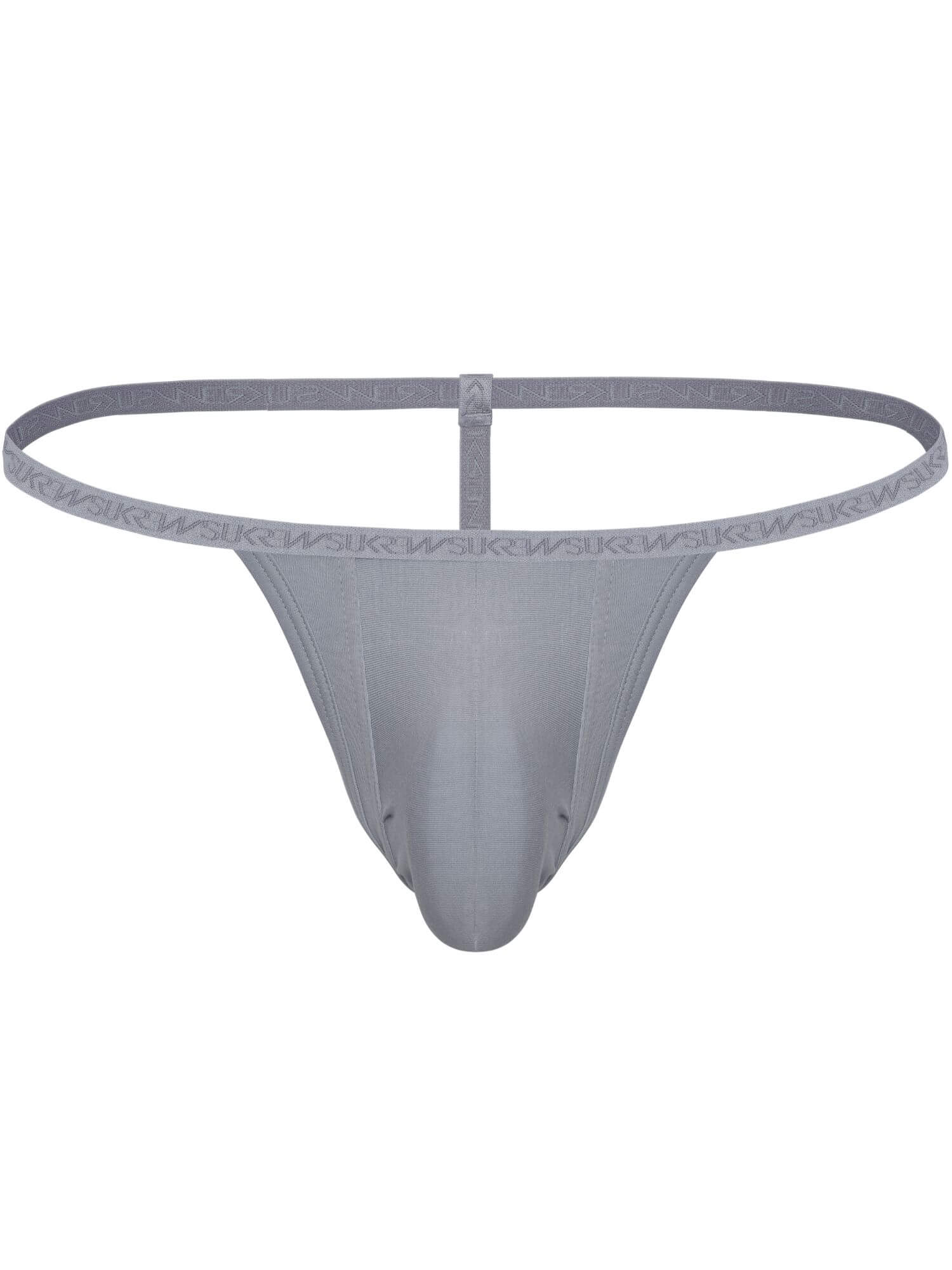 A light gray men's thong-style underwear with a wide elastic waistband and a tapered front pouch, shown against a plain white background.