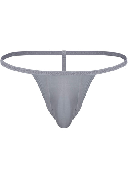 A light gray men's thong-style underwear with a wide elastic waistband and a tapered front pouch, shown against a plain white background.