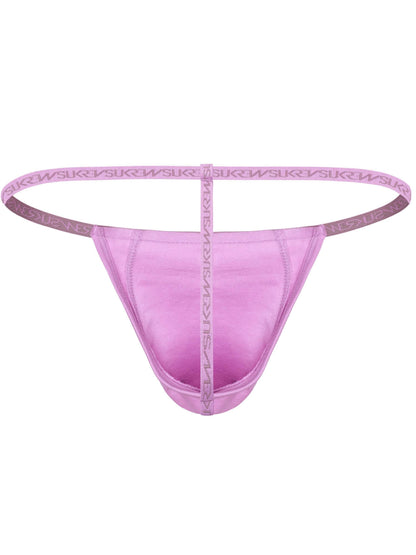 A pink thong-style underwear bottom with a elastic waistband and center tie, featuring a repeating logo pattern on the elastic and center strap, shown against a plain white background.
