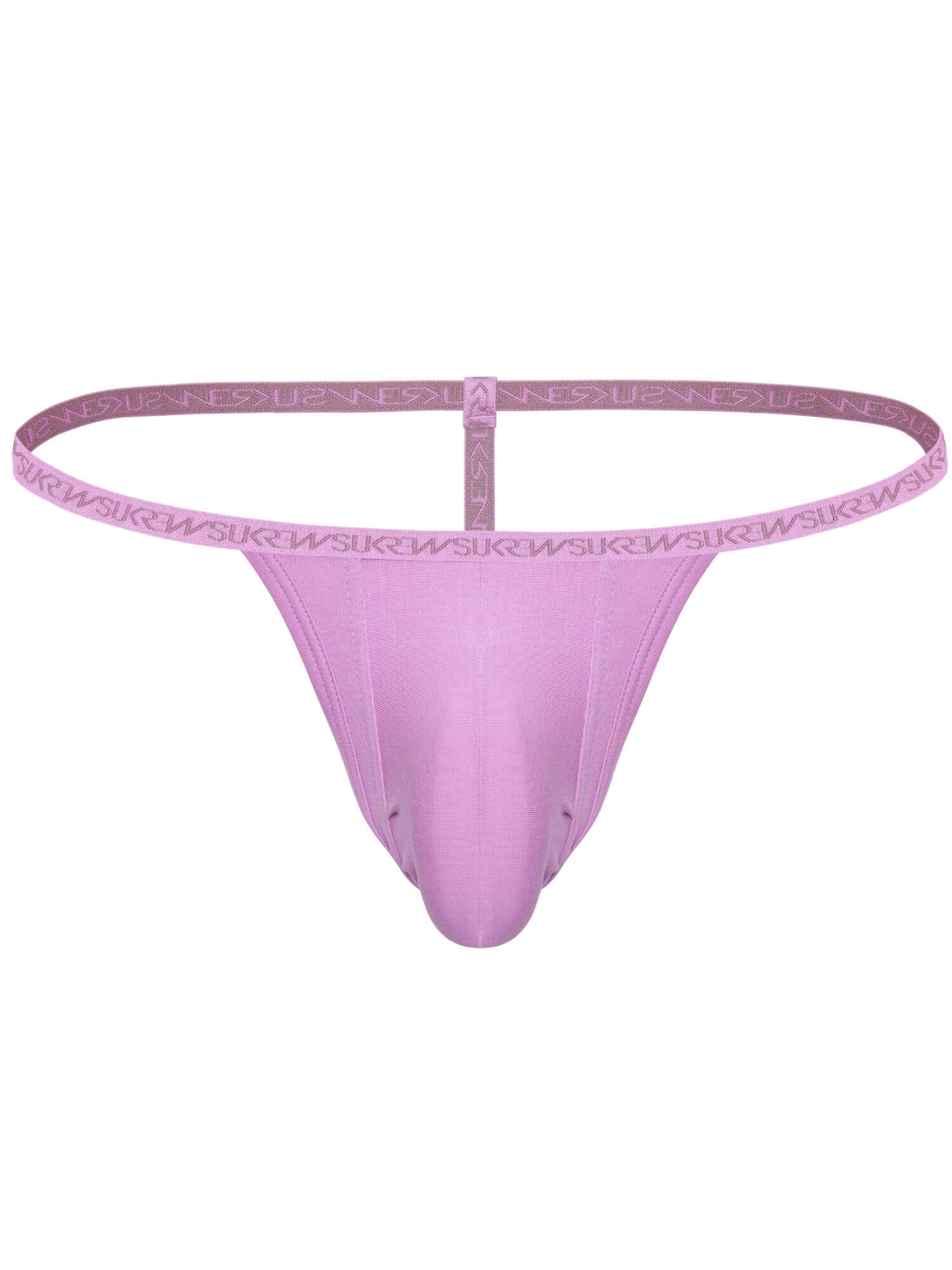 A single-piece men's thong in a light lavender-pink color, featuring a wide elastic waistband with a repeating 'WALKER' brand logo and a matching pouch.